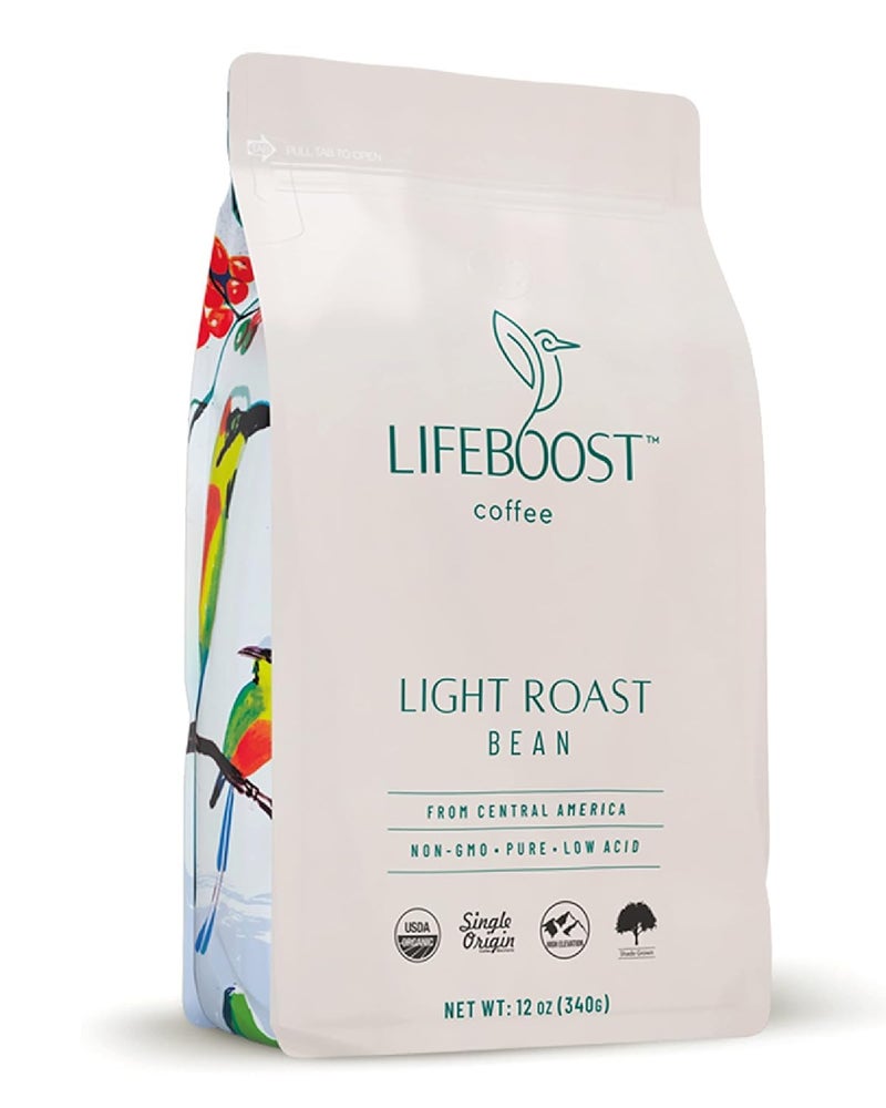 Lifeboost Light Roast Whole Bean Coffee - Low Acid Organic Coffee, Non-GMO, USDA Organic, Single Origin, Third-Party Tested for Mycotoxins & Pesticides - 12 oz Bag - Image 1
